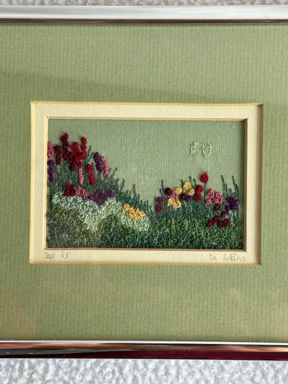 Vintage Fiber Art Eve Botelho Embroidery English Gardens Framed Matted 1983